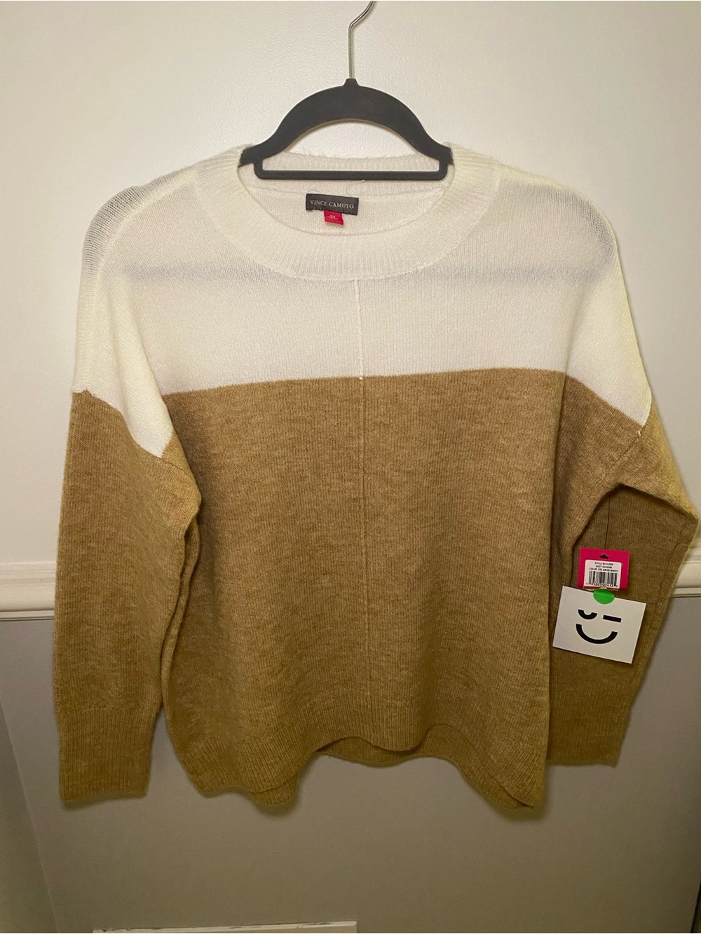 Vince Camuto White and Camel Colorblock Crewneck Sweater